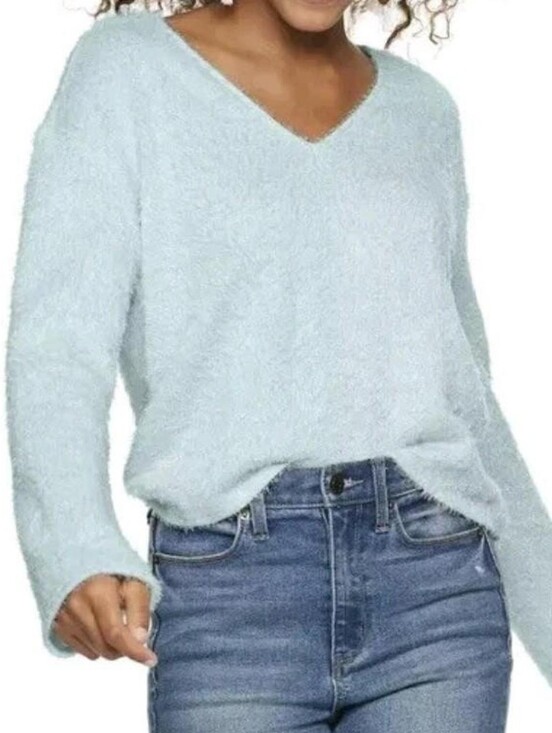 SO Sweaters - junior v neck baby blue eyelash pullover fuzzy soft top sweater